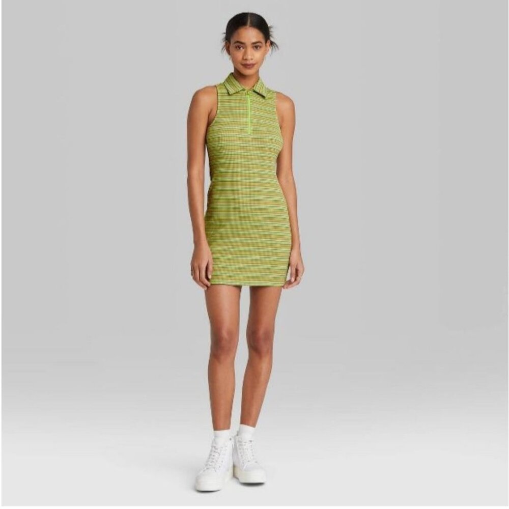 Wild Fable womens‎ mini dress Green color Size medium Stretch striped sleeveless - Picture 2 of 11